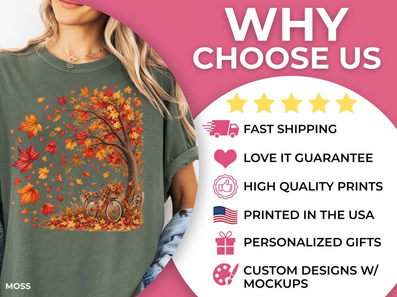 May include: A moss green t-shirt featuring a graphic of a tree with orange and red autumn leaves blowing in the wind, a bicycle with a basket of flowers, and the text WHY CHOOSE US with five yellow stars and a list of service features.