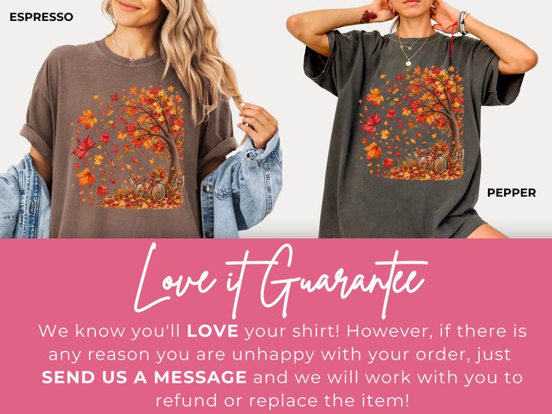 May include: Two short-sleeve t-shirts in espresso brown and pepper gray, each featuring a graphic print of a tree with falling autumn leaves in shades of orange, red, and yellow, with a bicycle parked at the base of the tree trunk.