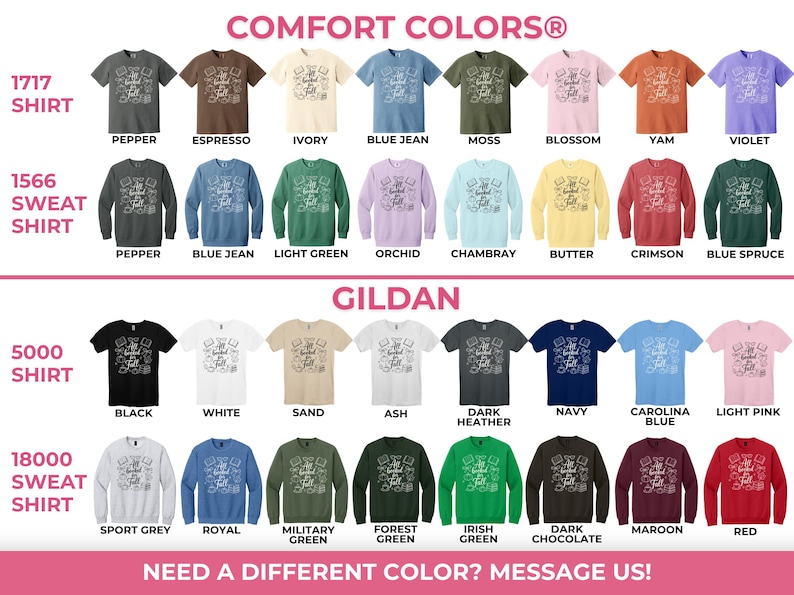 May include: A color chart displaying Comfort Colors 1717 shirts and 1566 sweatshirts, alongside Gildan 5000 shirts and 18000 sweatshirts. Each garment features a graphic with the text All Booked Up and various book-related illustrations in multiple colors.