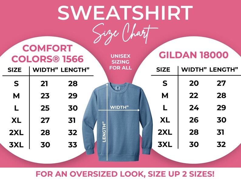 May include: A sweatshirt size chart featuring two tables for Comfort Colors 1566 and Gildan 18000 models. The chart displays sizes S through 3XL with corresponding width and length measurements in inches. A blue crewneck sweatshirt is centered in the graphic.