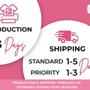May include: A pink and white graphic informational card featuring the Georgia Hearts logo, a printer icon with a t-shirt, and a delivery truck icon. The text displays production times of 1-3 days and shipping times of 1-5 days standard or 1-3 days priority.