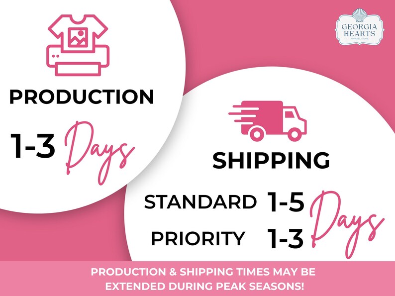 May include: A pink and white graphic informational card featuring the Georgia Hearts logo, a printer icon with a t-shirt, and a delivery truck icon. The text displays production times of 1-3 days and shipping times of 1-5 days standard or 1-3 days priority.