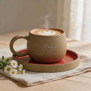 Könnte beinhalten: Ein matter, beigefarbener Keramikbecher in abgerundeter Form mit passender Untertasse, die ein rotes Inneres aufweist. Der Becher ist mit dem Wort Mama und einem kleinen Herzsymbol in Weiß bedruckt. Er enthält ein Heißgetränk mit Herz-Latte-Art.