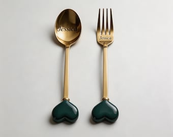 Benutzerdefinierte Name Edelstahl Löffel & Gabel mit Keramik Herz Griff Besteck Set, Essgeschirr, Besteck Geschenk, Küche Geschenk, Geschenk Gastgeberin