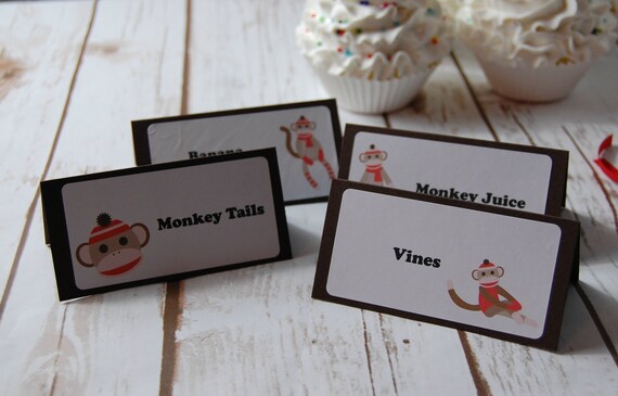 10 Sock Monkey Party Name Tags, Baby Toy Birthday Buffet Labels, Party Food Tags, Tent Labels Il_570xn