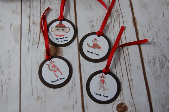12 Sock Monkey Party Favor Tags, Toy Party Favor Tags, Birthday Party Thank You Tags, Gift Tags Il_570xn
