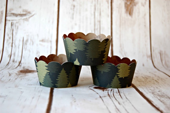 Forest Cupcake Wrappers, Reversible Cake Wraps, Pine Trees Cupcake Decoration, Animal Footprint Cupcake Wrappers (set of 6) Il_570xn