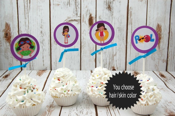 12 Pool Party Cupcake Topper Girl Swim Party Cake Decorations