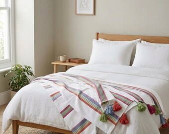 Handgemaakte Marokkaanse deken, katoenen deken, boho-bedsprei, sprei met kwastje, woondecoratie boerderij, gezellig cadeau