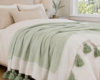 Coperta marocchina, coperta con pon pon tessuta a mano, coperta in cotone biologico, decorazione boho per la camera da letto
