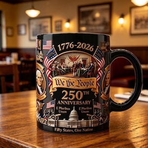 May include: Black ceramic mug commemorating the 250th anniversary of the United States. The mug features patriotic imagery, including flags, historical figures, and the text "We the People." The mug also includes the years 1776-2026 and the phrase "Fifty States, One Nation."