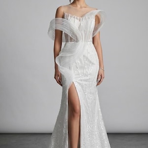 Modern Couture Mermaid Wedding Dress, White Strapless Gown, Sculptural Tulle Detail, Custom Made