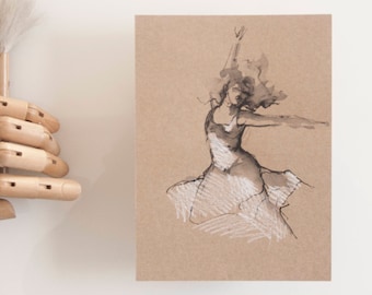 Female art drawing, original drawing, art, drawing on paper craft, original art, modern female art, spirituality, movement, dancer drawing