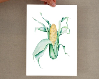 Illustration corn, ear of corn print, vegetable watercolor, watercolor corn print, kitchen decor, corn print, corn painting, vegetable art