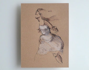 Original drawing, female art drawing,  drawing on paper craft, original art, modern female art, dessin, movement, dancer drawing, ink art
