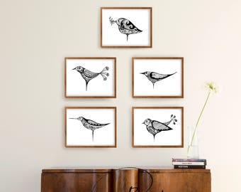 Minimal floral birds black and white print, modern bird print, Set print wall art, amount offers price, minimal birds art. modern ink dawing