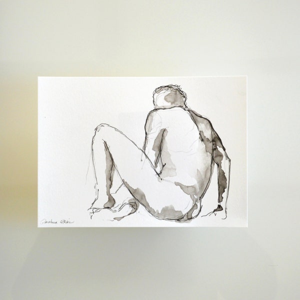 A5 Original Male Nude Drawing - Male nude back ink painting art modern minimal wall art man naked rest by Cristina Ripper