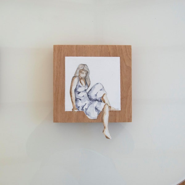 Observing-Original female ink painting on wood-modern wood art, wood wall art, sculpture art on wood,minimal wood art by Cristina Ripper