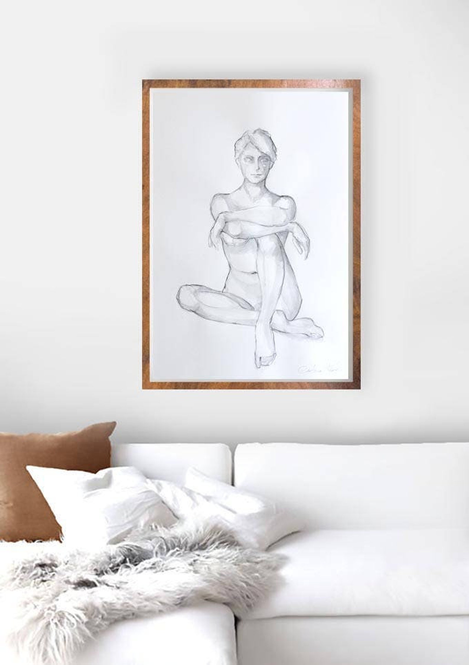 Large Original Female Nude Drawing- Large Nude Art Pose, Female Art