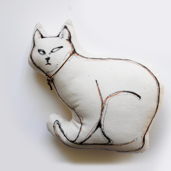 Cat Pillow - Limited edition - Cat drawing on fabric - Now only one available - White/ black ink pen special for fabric aplication