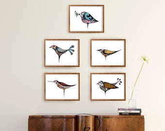 Minimal floral birds print, modern bird print, Set print wall art, amount offers price, Choose amount prints, print signed, colored birds