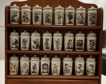 Vintage M.J. Hummel 24 Spice Jar Set With Wooden Display Case - 1987