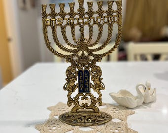 Vintage Ornate Golden Brass Nine Candle Holder Menorah With Hebrew Inscriptions