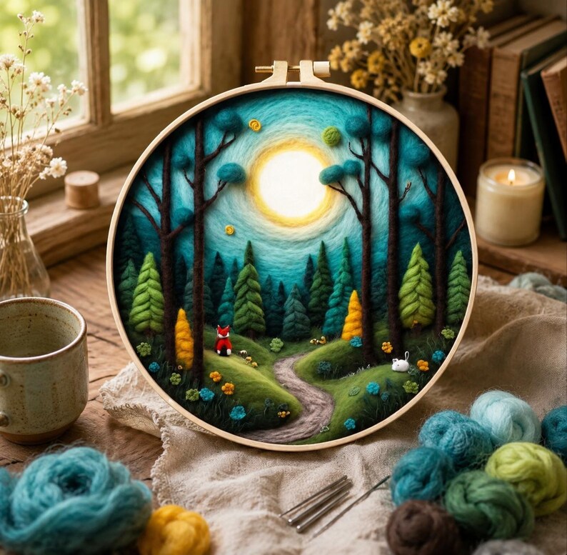 May include: A round embroidery hoop featuring a forest scene with a path, trees, and a bright sun. The artwork is in shades of green, blue, and yellow. A small red fox and white rabbit are visible. The hoop is surrounded by yarn and craft supplies.