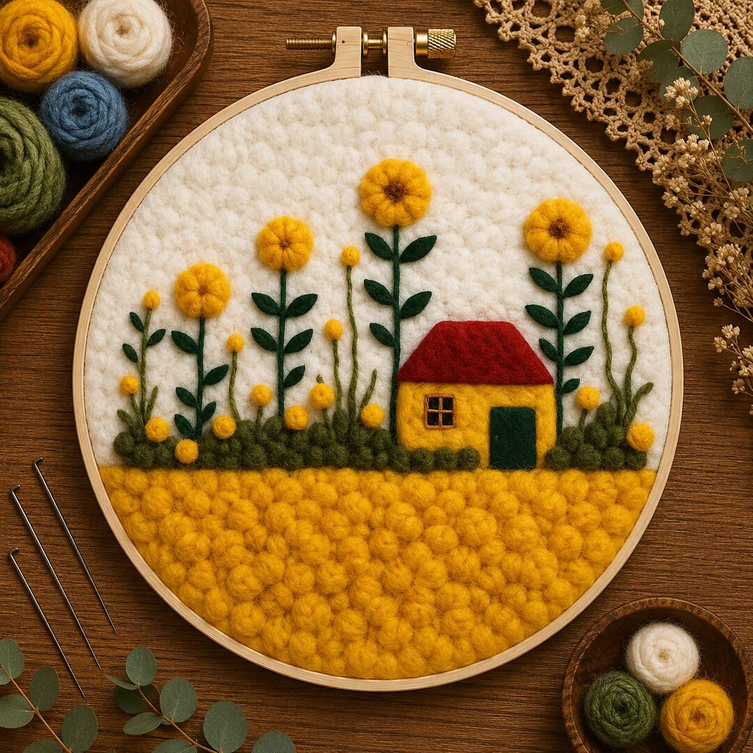 Needle Felting Kit - Floral Cottage Landscape Hoop Art DIY Craft Gift ...