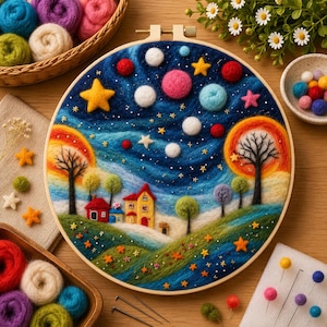 May include: A handcrafted felt embroidery hoop art piece. The artwork depicts a whimsical night scene with a starry sky, colorful planets, and a landscape with houses and trees. The color palette includes blues, greens, yellows, and reds.