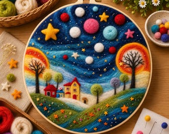 Needle Felting Kit - Fantasy Galaxy Village Hoop Art DIY Craft Gift