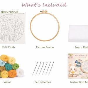 May include: A craft kit with a felt cloth (7.87 inches), picture frame, foam pad, wool, felt needles, and instruction manual. The felt cloth features a floral design. The kit includes various colors of wool.