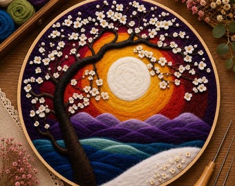 May include: A round embroidery hoop featuring a colorful landscape scene. A tree with white blossoms is set against a sunset with a large white moon. The scene includes purple hills and blue water. The embroidery is set in a wooden hoop.