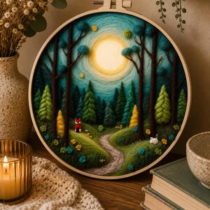 May include: A handcrafted embroidery hoop art piece depicting a forest scene with a path, trees, and a bright sun. The artwork features a red fox and a white mouse. The color palette includes shades of green, blue, and yellow, set within a wooden hoop.
