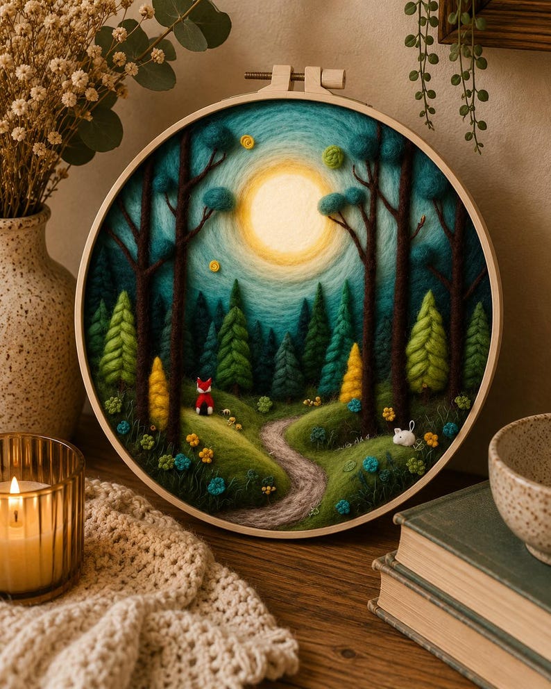 May include: A handcrafted embroidery hoop art piece depicting a forest scene with a path, trees, and a bright sun. The artwork features a red fox and a white mouse. The color palette includes shades of green, blue, and yellow, set within a wooden hoop.