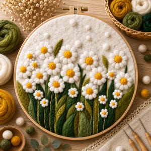 Könnte beinhalten: Ein handgefertigter Stickrahmen mit weißen Gänseblümchen mit gelben Zentren und grünen Blättern. Das florale Design befindet sich auf einem weißen Hintergrund, umrahmt von einem Holzreifen. Zusätzliche Bastelmaterialien, darunter Wolle und Nadeln, sind sichtbar.