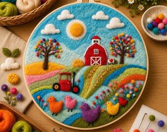 Needle Felting Kit - Colorful Farmhouse Landscape DIY Hoop Art Gift