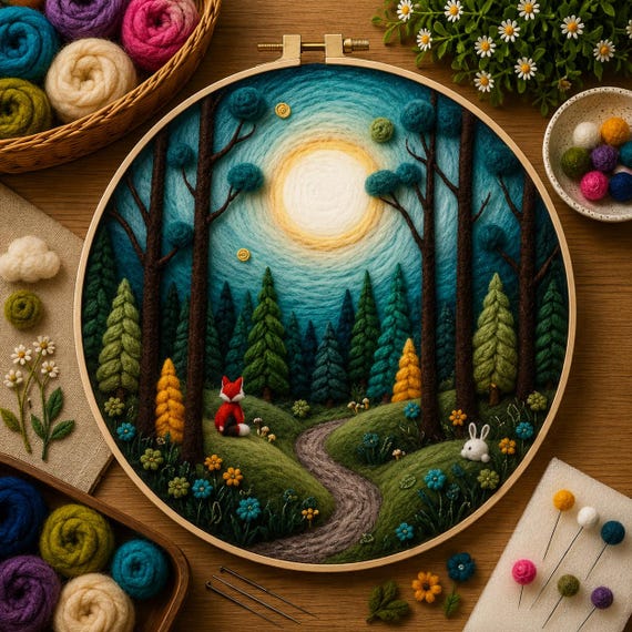 Needle Felting Kit - Moonlit Forest Fox DIY Wool Painting Craft Kit for Beginners