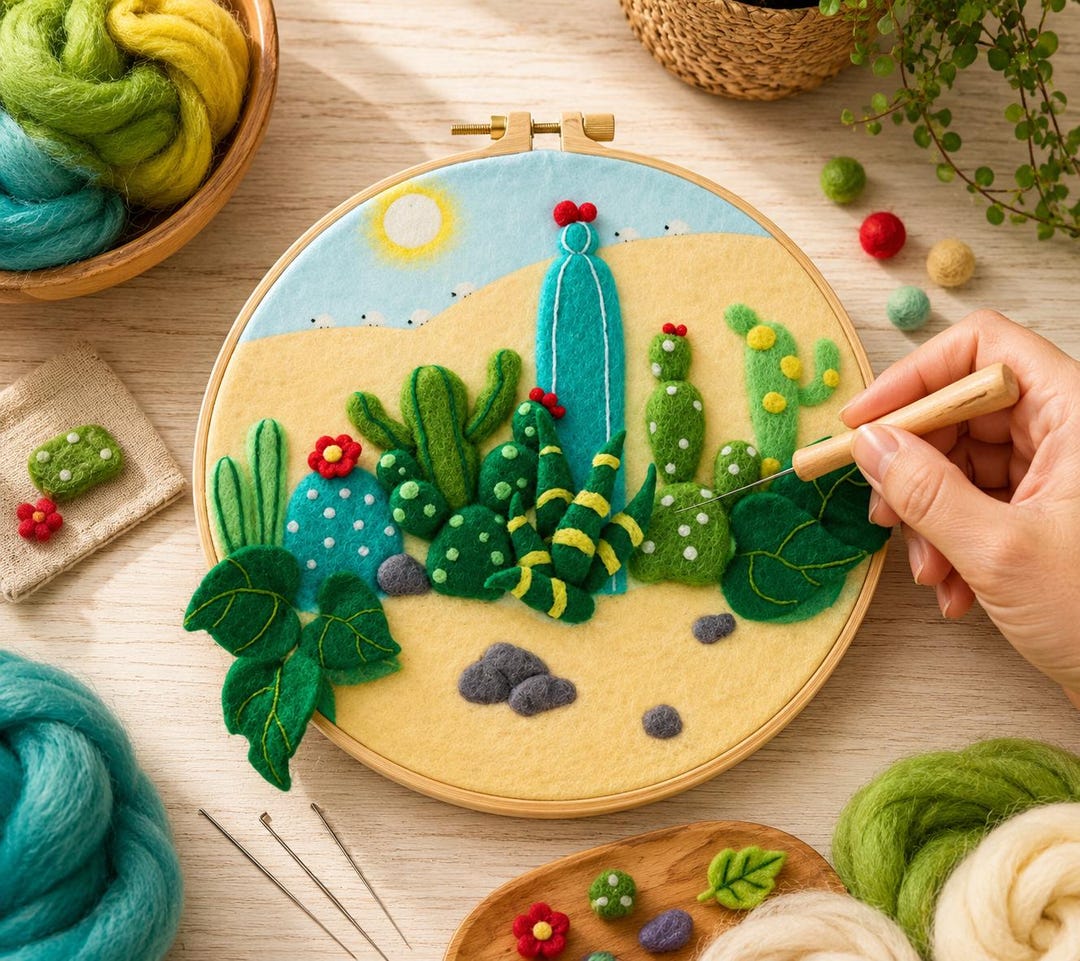 Needle Felting Kit - Desert Cactus Landscape Hoop Art DIY Gift for ...