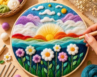Sunrise Landscape Needle Felting Kit – Beginner Wool Painting Craft Set (Includes Tools & Instructions)