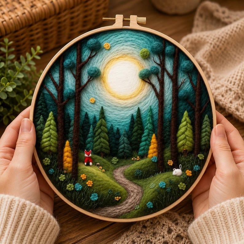 May include: A handmade embroidery hoop art piece featuring a forest scene. The artwork depicts a path winding through a forest with trees, a sun, and a fox. The embroidery is in shades of green, blue, yellow, and brown, with a wooden hoop.