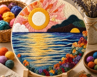 Needle Felting Kit - Ocean Sunset Landscape Wool Art DIY