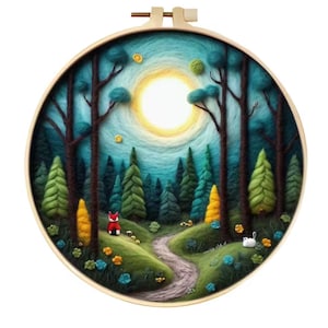May include: A whimsical embroidery hoop art piece featuring a forest scene. The artwork depicts a path winding through a forest with a fox, trees, and a bright sun. The color palette includes greens, blues, yellows, and browns, creating a vibrant and inviting landscape.