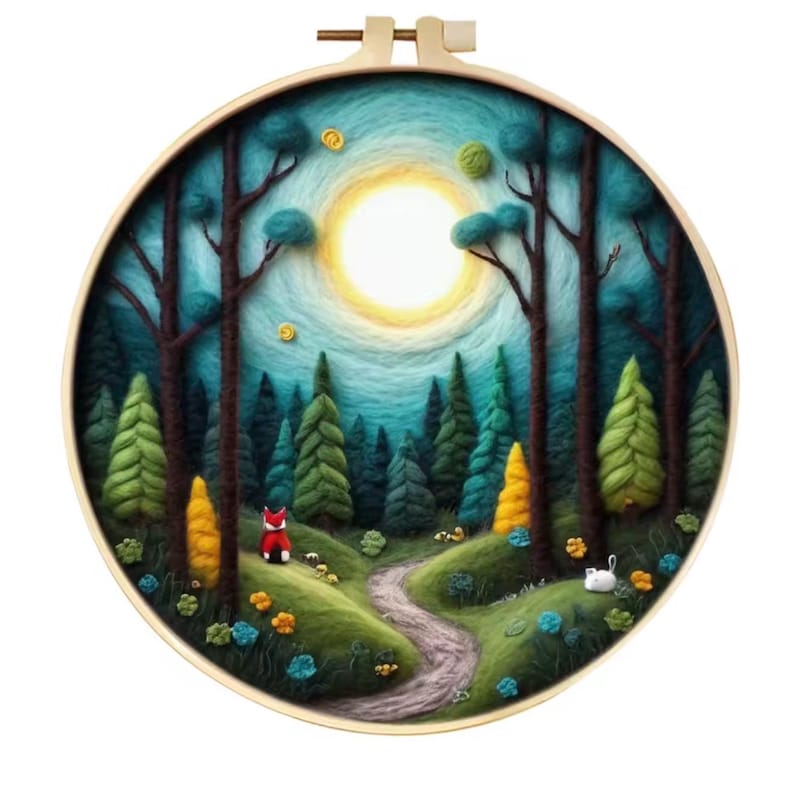 May include: A whimsical embroidery hoop art piece featuring a forest scene. The artwork depicts a path winding through a forest with a fox, trees, and a bright sun. The color palette includes greens, blues, yellows, and browns, creating a vibrant and inviting landscape.
