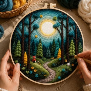 May include: A handcrafted embroidery hoop featuring a forest scene with a path, trees, and a large sun. The artwork includes a red fox and a white rabbit. The hoop is held by hands, with colorful yarn in the background.