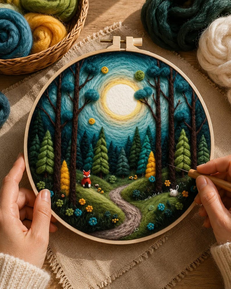 May include: A handcrafted embroidery hoop featuring a forest scene with a path, trees, and a large sun. The artwork includes a red fox and a white rabbit. The hoop is held by hands, with colorful yarn in the background.