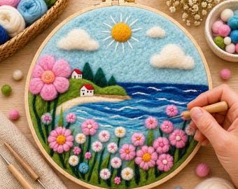 Needle Felting Kit – Coastal Flower Meadow Wool Painting Craft Set (20x20cm Hoop)