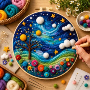 May include: A handcrafted embroidery hoop featuring a night sky scene with a tree, stars, and flowers. The artwork uses various colors of wool and felt. The hoop is held by a person's hand, with other craft supplies visible.