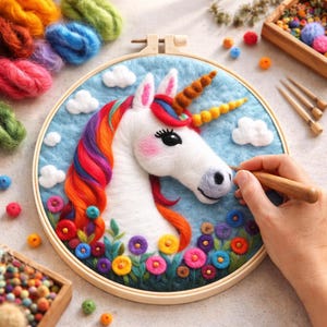 May include: A handcrafted felt unicorn embroidery hoop art. The unicorn has a white body, a rainbow mane, and a golden horn. The background is light blue with white clouds and colorful flowers. A hand is holding a tool near the unicorn's face.