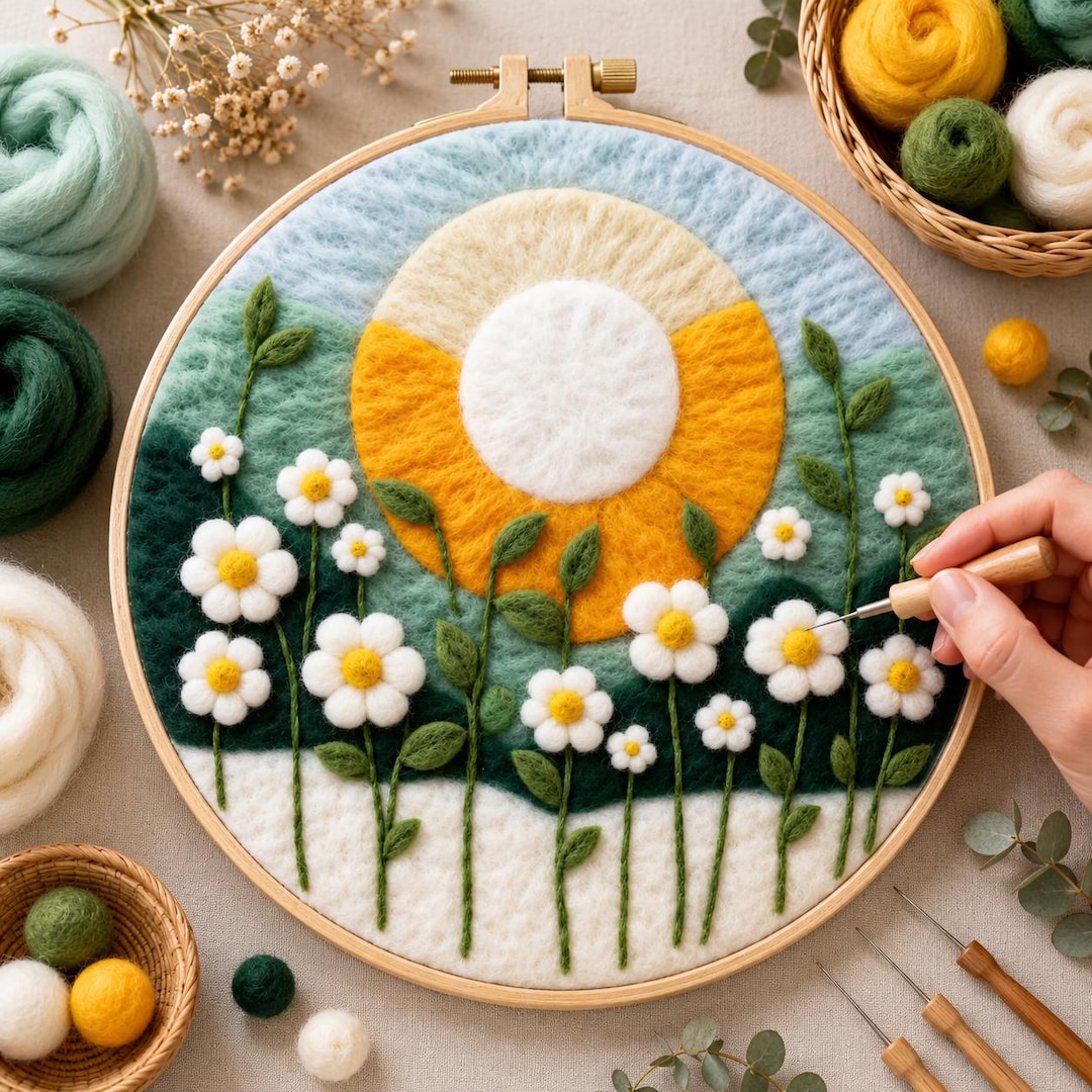 Needle Felting Kit - Daisy Sunrise Landscape Hoop Art DIY Wool Craft ...